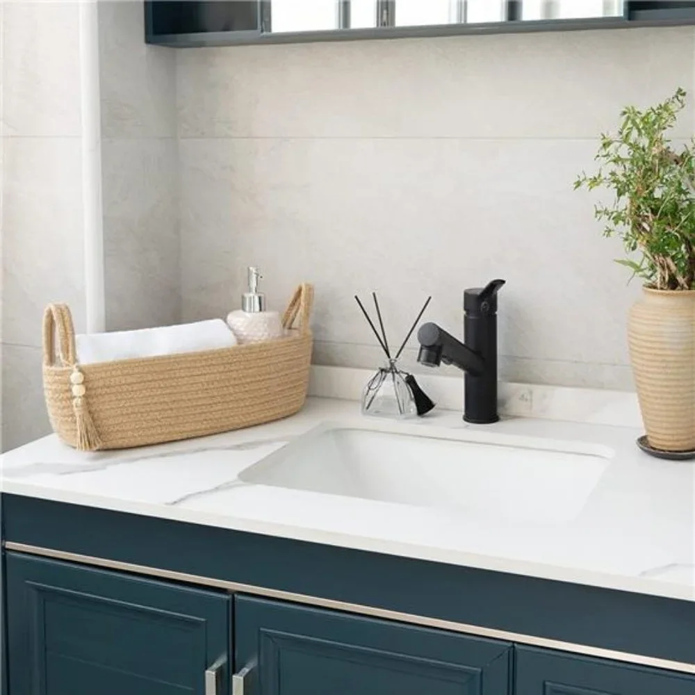 Small Woven Storage Basket for Toilet Tank Top Boho Bathroom Decor, 1 Pack